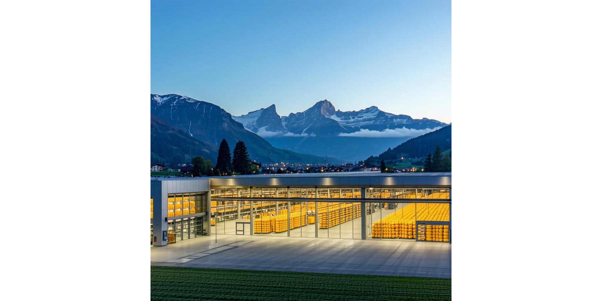 Käserei mit moderner Automationsanlage und Blick auf Hausberge